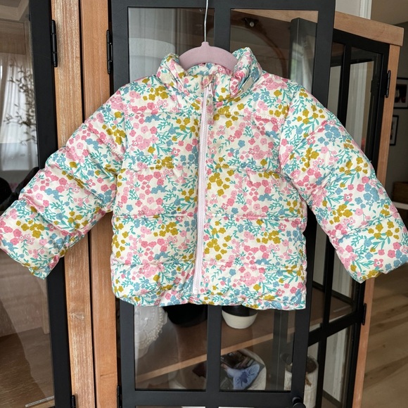 H&M kids puffer jacket zipper floral colorful pastel baby girl fleece lined - Picture 1 of 8